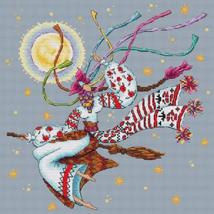 Ukrainian Motanka Doll cross stitch pattern,  witch &  Moon Ukraine folk counted chart PDF, Ukrainian folk art x-stitch