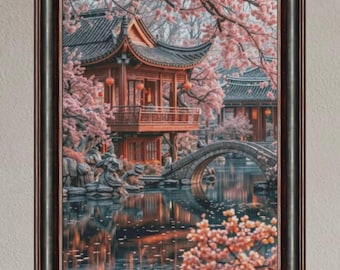 Japanese spring landscape cross stitch pattern, Sakura Garden and house by the river x-stitch, Cherry blossoms design