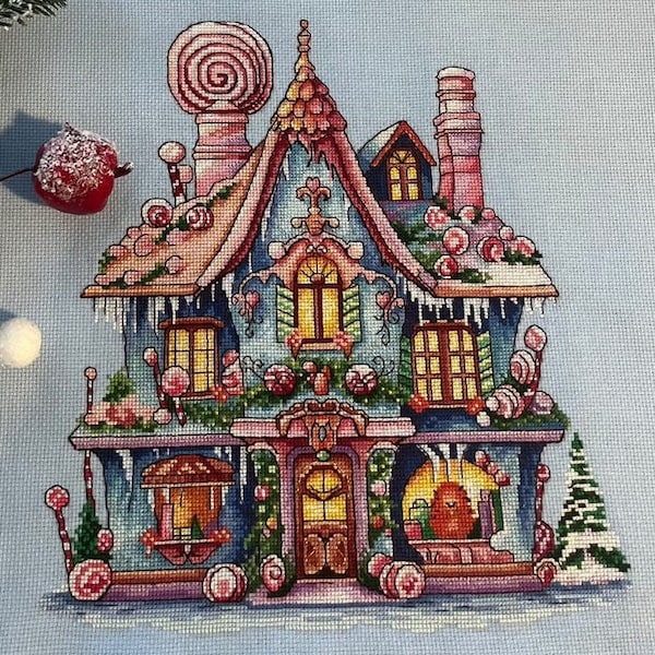 Lindo patrón de punto de cruz de casa de dulces, diseño de bordado de hadas, punto de aguja de guardería, mini casa mágica