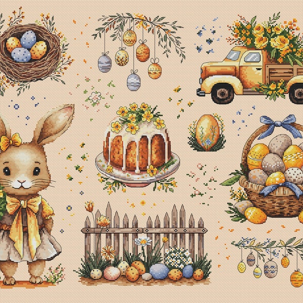 Easter sampler cross-stitch pattern, bunny, eggs & Easter cake, nursery wall art, cute bunny girl x-stitch chart