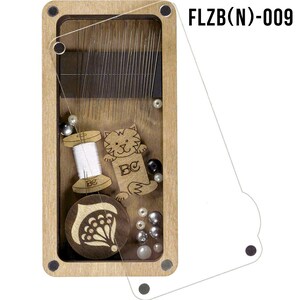 May include: A wooden box with a clear lid containing a variety of sewing supplies, including needles, thread, beads, and a small wooden cat figurine. The box has a label that reads "FLZB(N)-009".