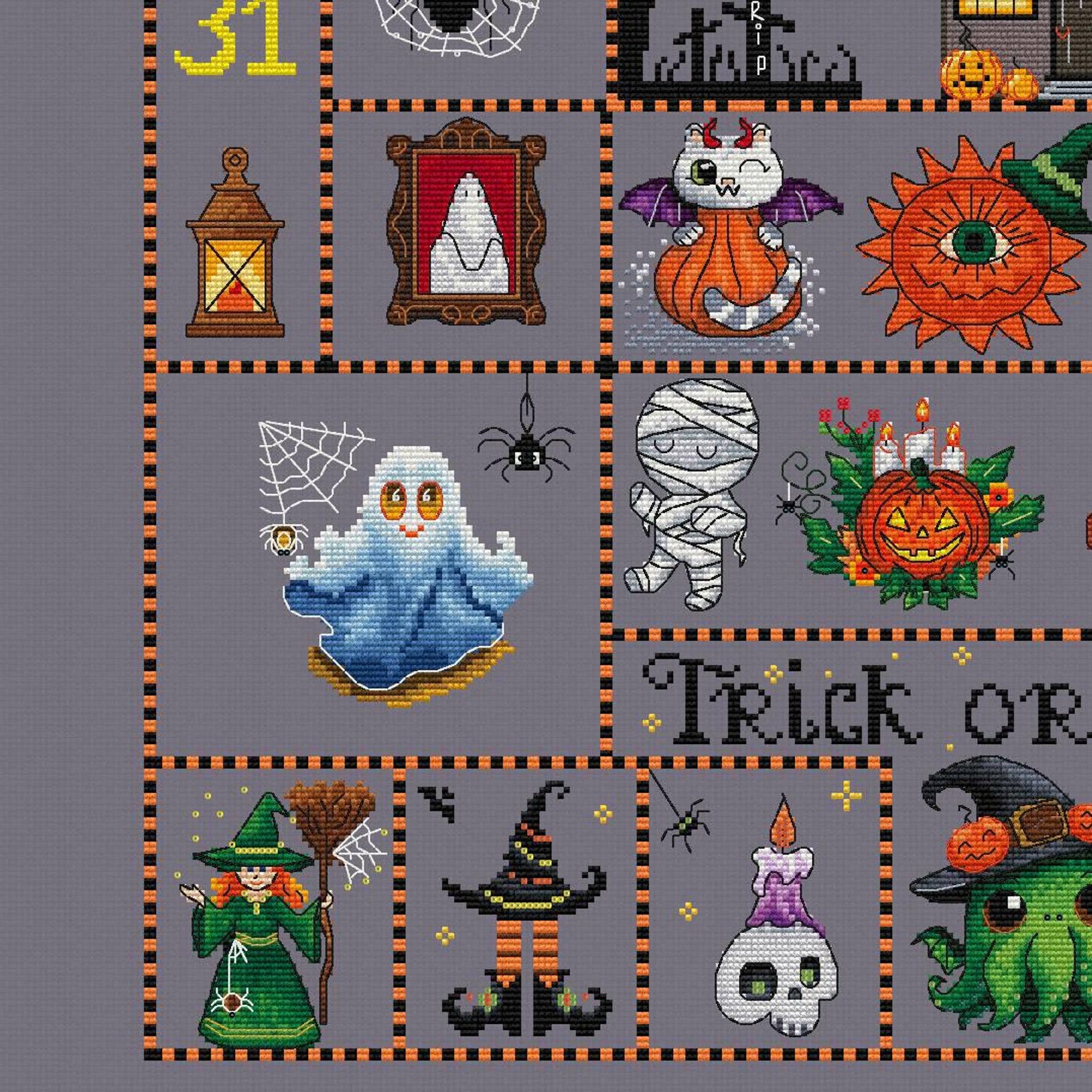 Halloween Sampler Cross Stitch Pattern, Spooky Witches, Ghosts ...