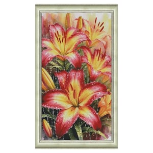 Lily cross stitch pattern, flowers x-stitch, rain in floral garden design PDF