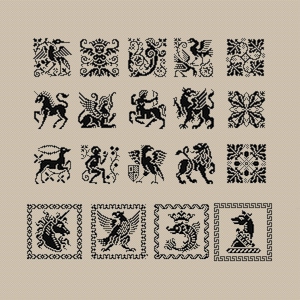 May include: A set of 16 black and white embroidered designs featuring various mythical creatures and floral patterns. The designs are framed in squares and are perfect for cross-stitch or needlepoint projects.