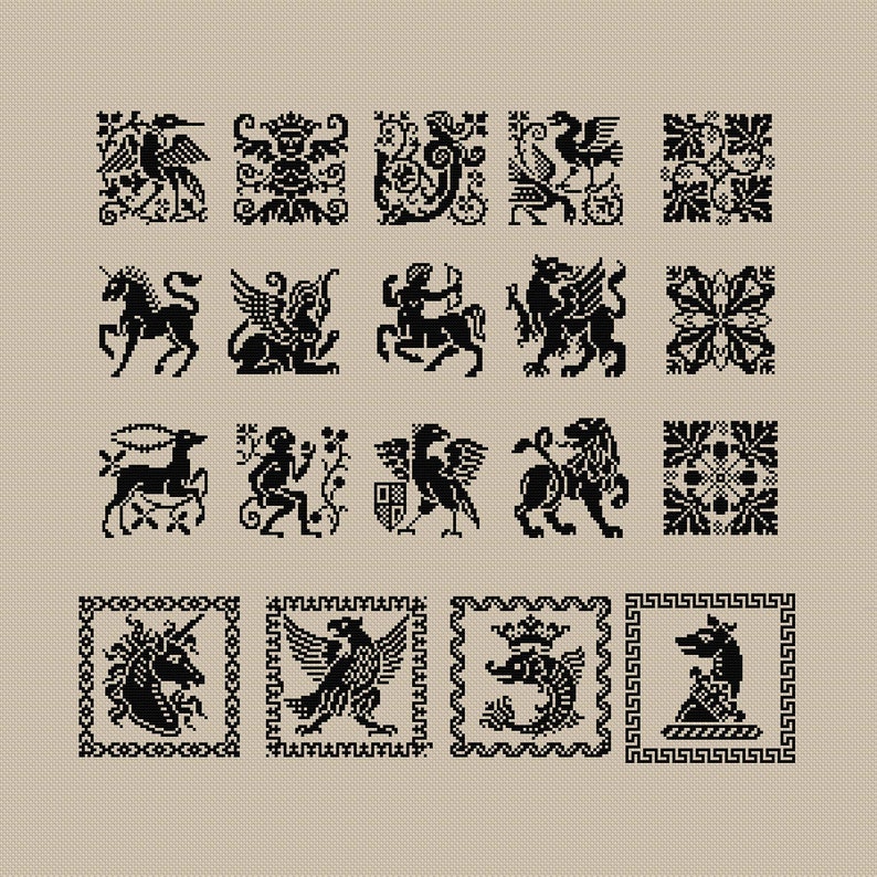 May include: A set of 16 black and white embroidered designs featuring various mythical creatures and floral patterns. The designs are framed in squares and are perfect for cross-stitch or needlepoint projects.