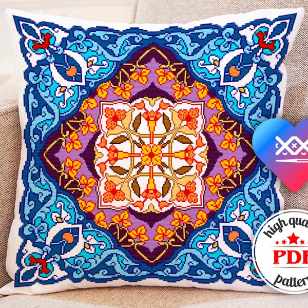 Moroccan motifs pillow pattern, accent cushion, DIY oriental home decor, counted cross stitch patterns for pillow cover