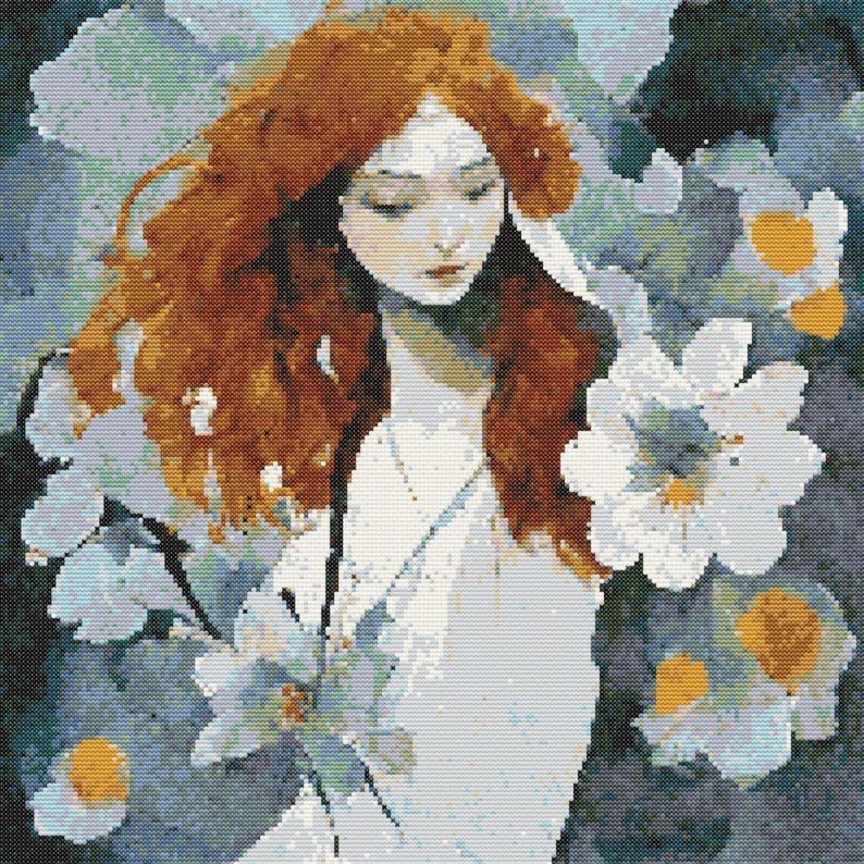 Spring Girl Crossstitch Pattern, Beautiful Redhead Girl Portrait X