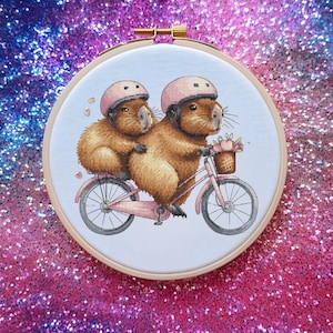 Couple of capybaras on a bicycle cross stitch pattern,Valentine&#39;s Day gift pdf,capybaras in love x-stitch design,funny capybara digital file