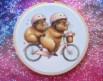 Couple of capybaras on a bicycle cross stitch pattern,Valentine's Day gift pdf,capybaras in love x-stitch design,funny capybara digital file