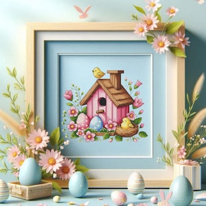 Easter Birds & Eggs cross stitch pattern, Floral Egg Nest x-stitch design, Pink Birdhouse spring chart PDF