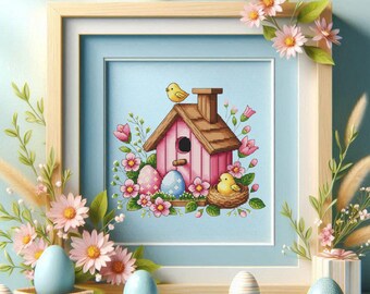 Easter Birds & Eggs cross stitch pattern, Floral Egg Nest x-stitch design, Pink Birdhouse spring chart PDF