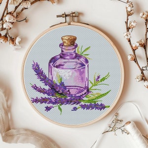 Lavender oil cross stitch pattern, floral x-stitch design pdf, counted cross stitch