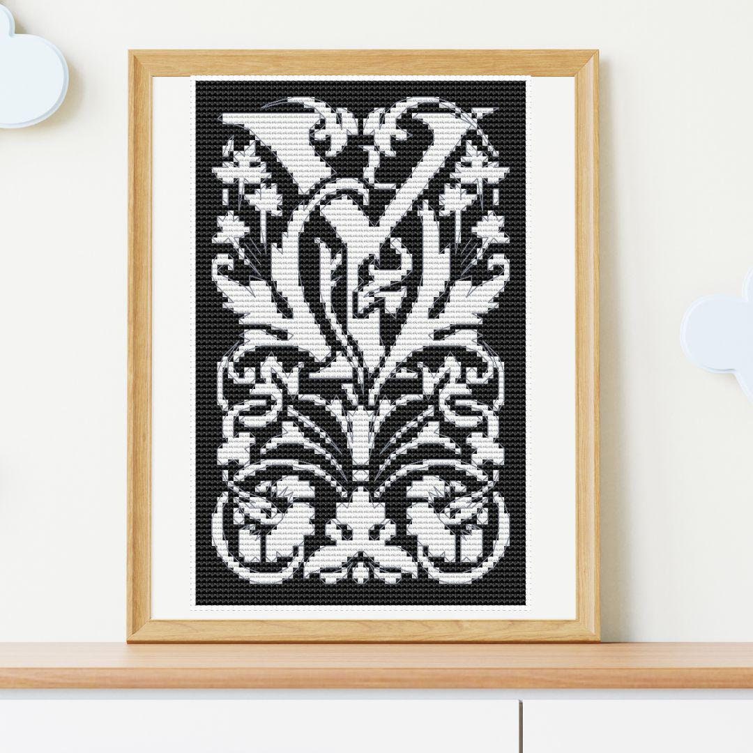 Letter Y monochrome cross stitch pattern, Floral monogram font x-stitch pdf, vintage initial design, blackwork alphabet counted cross stitch