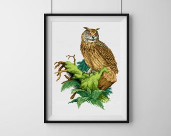 Patrón de punto de cruz de búho, gráfico de punto de cruz contado de aves, patrón en PDF