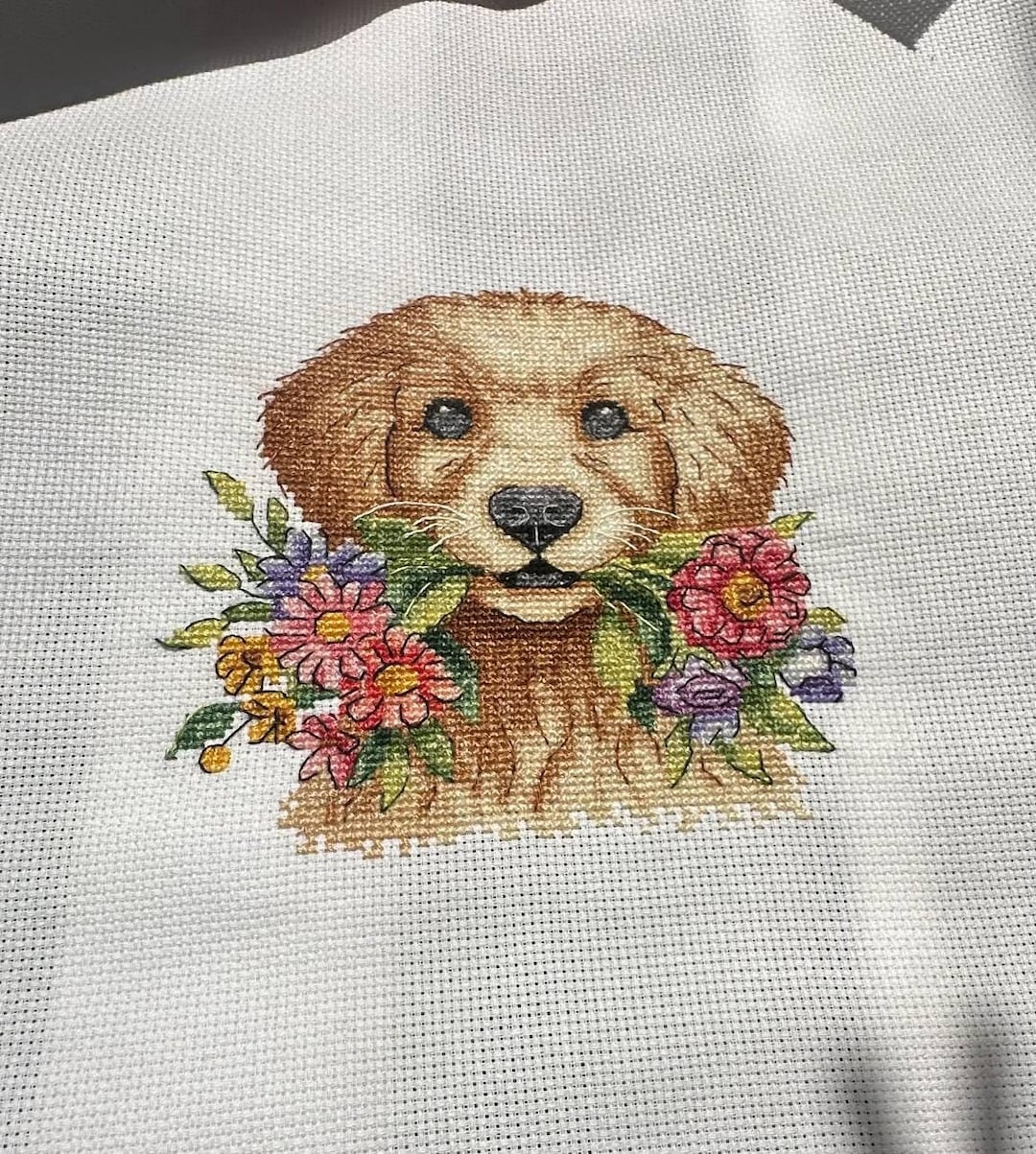 puppy-with-flowers-cross-stitch-pattern-dog-x-stitch-golden-retriever