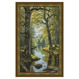 Wald Bach Kreuzstichmuster, Bäume x-stitch Design, Sommer Wildtiere Landschaft digitale Datei