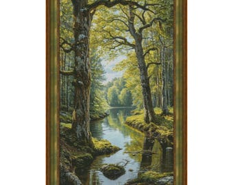 Forest Stream cross stitch pattern, Trees x-stitch design, Summer Wildlife Landscape digital file