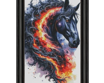 Patrón de punto de cruz de caballo negro, semental de crin ardiente en punto de cruz