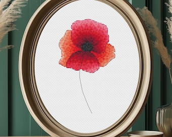 Red Poppy Cross Stitch Pattern, Red Wildflower X-stitch Design