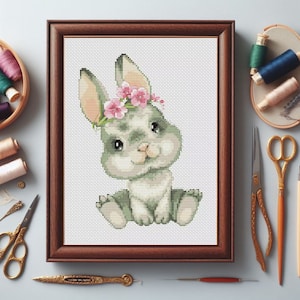 Bunny with flowers cross stitch patterns, Easter bunny, Rabbit Counted cross stitch chart