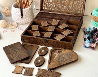 Wooden sewing box, lidded container for sewing accessories, 100 bobbins for thread, magnet needle holders, scissors case