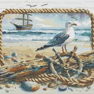 Seagull on the seashore cross stitch pattern, summer coastal seascape x-stitch design, sailboat in sea  PDF natural landscape digital file