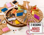 Embroidery organizer with floss bobbin holder, 32 floss bobbins included, Round plywood needlework container, Modern cross stitch notions
