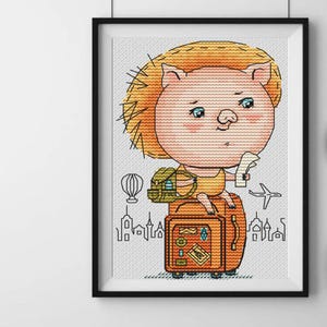 Pig tourist cross-stitch pattern, travel lover x-stitch, simple animal cartoon design PDF file