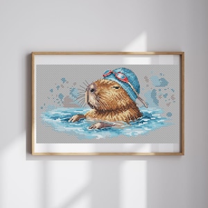 Capybara swimmer cross stitch pattern, cute gift for a swimmer x-stitch design, funny animal in water digital pdf, modern cross stitch