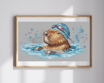 Capybara swimmer cross stitch pattern, cute gift for a swimmer x-stitch design, funny animal in water digital pdf, modern cross stitch