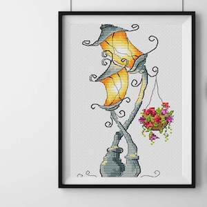 Street lantern cross stitch pattern, set of 2 Love couple vintage lamps x-stitch design, Valentine&#39;s day gift needlepoint, romantic PDF file