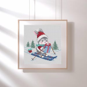 Bunny skier pdf cross stitch pattern, Christmas rabbit with a gift x-stitch pattern, cute Xmas baby animal design, modern winter xstitch