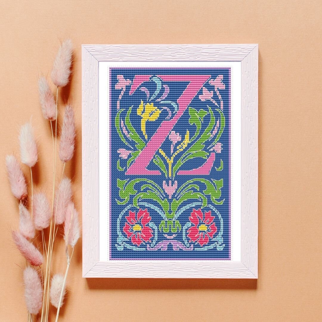 Letter Z Cross Stitch Pattern, Botanical Monogram Z X-stitch Pdf