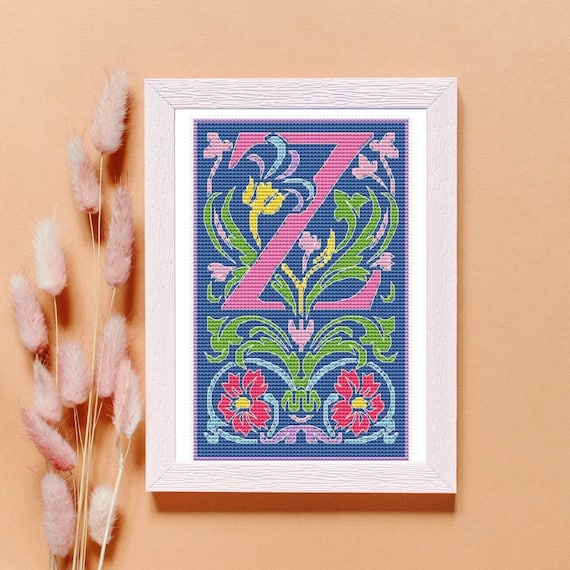 Letter Z Cross Stitch Pattern, Botanical Monogram Z X-stitch Pdf