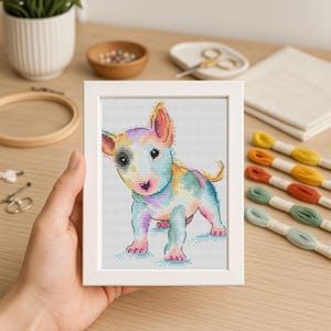 Bullterrier watercolor puppy cross stitch pattern, baby dog x-stitch design, rainbow pup PDF digital file