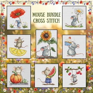 May include: A collection of eight cross stitch patterns titled MOUSE BUNDLE CROSS STITCH. The designs feature grey mice interacting with various items including a red poppy, a daisy, a lemon slice, a sunflower, a cupcake, a pumpkin, a watermelon slice, and cherries.