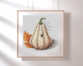 Pumpkin with a spider cross-stitch pattern, Halloween x-stitch design PDF file