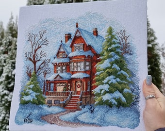 Cozy winter house cross-stitch pattern, cute Christmas house embroidery PDF digital, Hand Embroidery, Counted cross stitch,