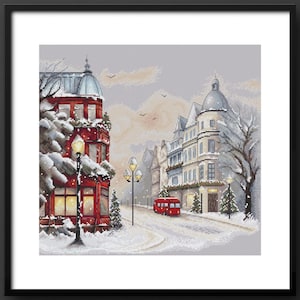 Winter street cross-stitch pattern, cityscape needlepoint, old town embroidery design