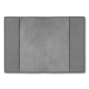 May include: A grey leather passport holder with a stitched border and a smooth, textured interior.