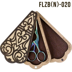 May include: A wooden box with a decorative floral design and a hinged lid. The box is open and contains a pair of iridescent scissors with a bird-shaped handle. The box is labeled "FLZB(N)-020".