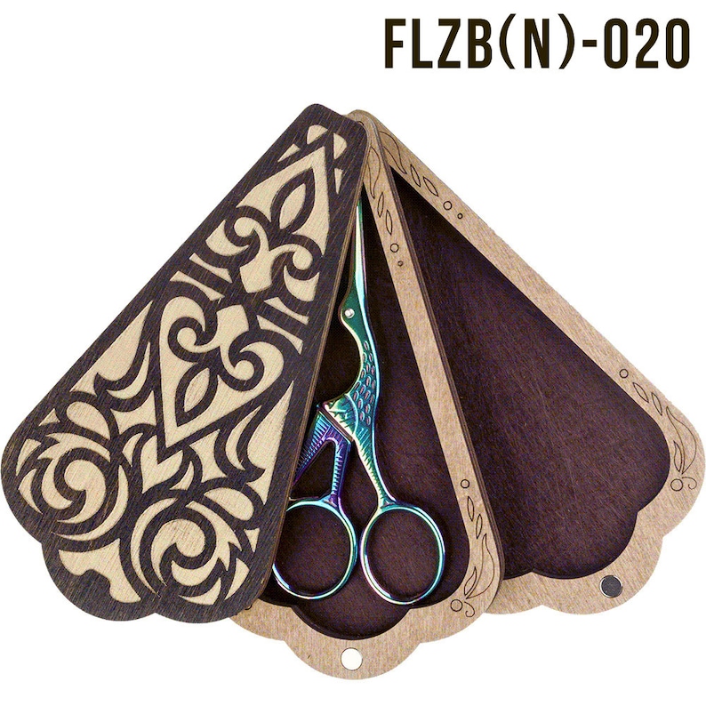 May include: A wooden box with a decorative floral design and a hinged lid. The box is open and contains a pair of iridescent scissors with a bird-shaped handle. The box is labeled "FLZB(N)-020".