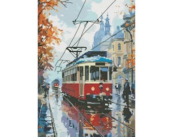 Red tram cross stitch pattern, Autumn European town x-stitch