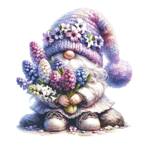 Hyacinth gnome cross stitch pattern, cute spring gnome with flowers x-stitch design, dwarf stitching pattern