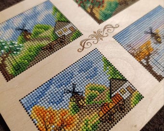 4 seasons Ukrainian landscape cross stitch pattern, traditional countryside x-stitch design, rural village needlepoint chart