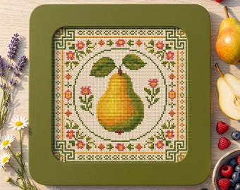 Pear sampler cross stitch pattern, garden fruit easy x-stitch, vegan food design, kitchen simple wall art
