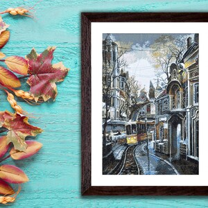 Cross-stitch cityscape kit, tram embroidery pattern, hand embroidered fall city landscape, needlepoint urban picture image 1