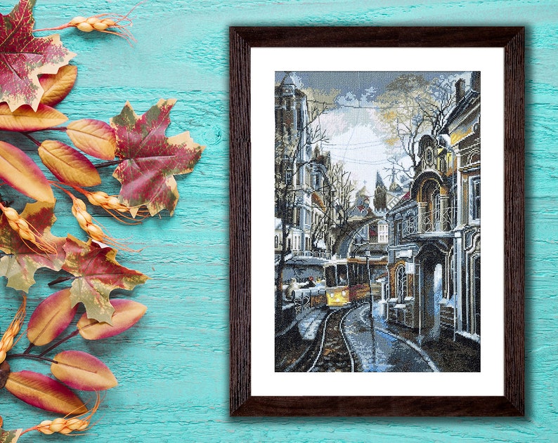 Cross-stitch cityscape kit, tram embroidery pattern, hand embroidered fall city landscape, needlepoint urban picture image 1