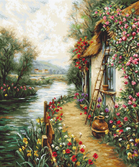 River Landscape Tapestry Stitch Design, Embroidery DIY Kit, Embroidered  Farm House Decor, Needlework Set for Adult Home Activity 