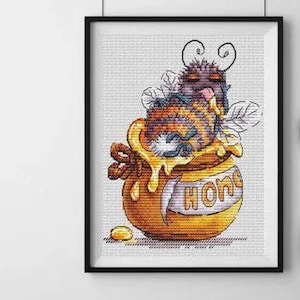 Bee and honey cross stitch pattern, insect X-stitch design, gift for beekeeper PDF  digital file